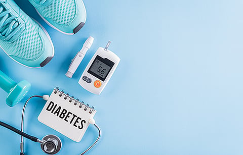 image showing a glucose monitor, sports shoes, and a text "DIABETES"