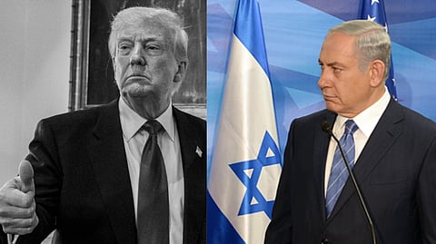 left image is a BW image of Donald trump showing thumbs up sign and looking towards his right. Right image is of Benjamin Netanyahu speaking in front of a podium with Israeli flags behind him. he is looking towards his right side. 