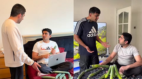 In the image on the left side Filter bro is shown with another person in the other image the filter bros are shown together with cucumber on the bed on both the images