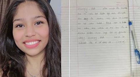 Smiling girl with long hair next to a notebook page filled with handwriting and a pen on the right. 