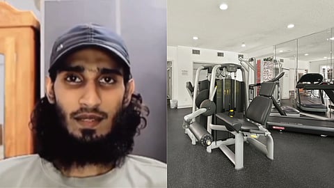 A split image: one side shows Nawaz Muthu T, a person with a beard and cap in a neutral expression, while the other side displays an empty gym with various exercise machines.