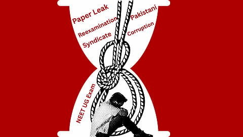 An illustration features an hourglass with ropes forming a noose, symbolizing pressure. Words like "Corruption" and "Paper Leak" highlight exam stress.