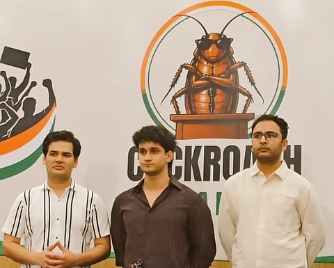 Cockroach Janta Party spokespersons speaking at a press conference ahead of the June 6 Delhi protest