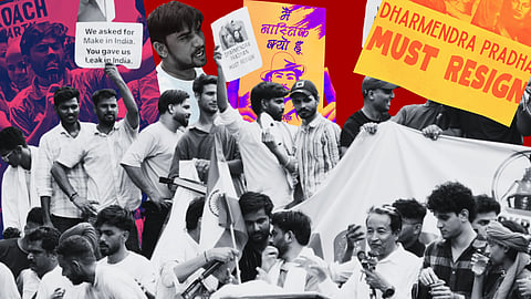 A collage of CJP protest images shows a group of people holding banners and signs in English and Hindi. The signs express dissatisfaction and call for resignation from Dharmendra Pradhan, the education minister. The scene conveys a sense of activism and demand for change.