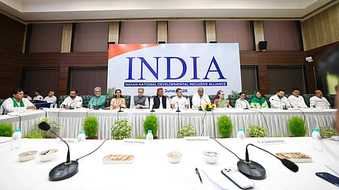 In the image the leaders attending the INDIA Bloc meeting is shown including prominent LoP from different state in the centre is Rahul Gandhi the Lok Sabha LoP Malikarjun Kharge and the president of Congress 