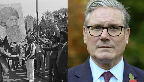 Left image is of Operation blue star. the image is in Black and white and a group of people are holding a poster of sikh militant  Jarnail Singh Bhindranwale and raising slogans. The right image is of UK prime minister sir keir starmer. 