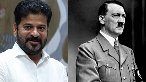 image of Telangana CM Revanth Reddy in a white shirt. Right image is of german dictator Adolf Hitler. 