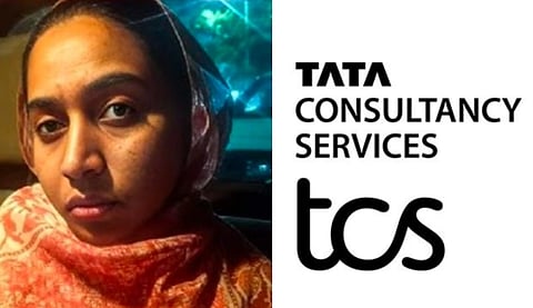 Image of Nida Khan (left) and logo of TCS (right). the woman is wearing a patterned orange headscarf looks into the camera, set against a dark background. Beside her, the Tata Consultancy Services logo is displayed.