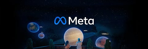Two people gaze at a virtual space scene featuring planets and the word 'Meta' above, conveying a futuristic and imaginative tone.