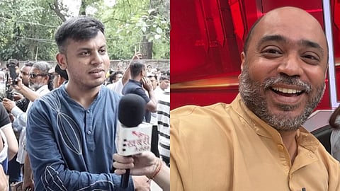 In the image on the left side a man is shown giving interview to Khabari Adda in a CJP Protest in other side Abhijit Iyer Mitra is shown smiling