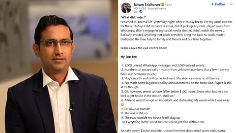 Piramal Finance CEO Jairam Sridharan shares his experience of a 16-day digital detox and returning to thousands of unread messages