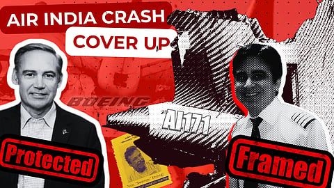 In the image illustration of Air India Crash is shown where the Boeing CEO Kelly Ortberg is shown and above him protected is written and on the other side the Indian Pilot Sumit Sabharwal is shown above whom Framed is written above this Air India Crash Cover up is written