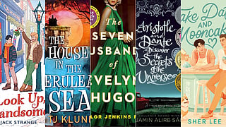 A collage of five book covers: urban scene, enchanted house, woman in green dress, cosmic text, and two men by a milkshake, conveying diverse themes.