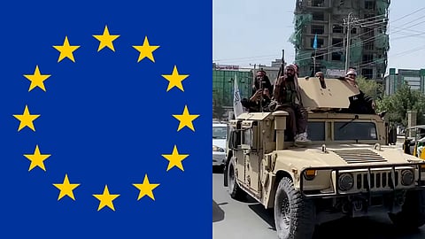 Taliban and European Union flag, representing planned technical talks in Brussels amid human rights concerns