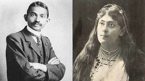 In the left side Mahatma Gandhi in his lawyer uniform and on the right side Sarala Devi Chaudhuri is shown
