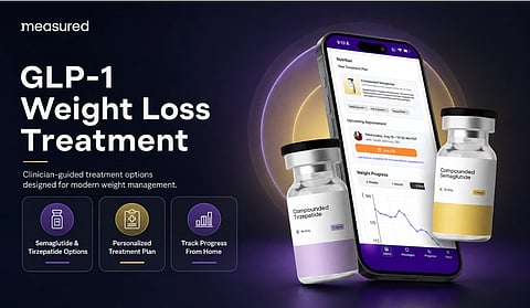Promotional image for GLP-1 Weight Loss Treatment by Measured. Features a mobile app displaying treatment plans and progress, surrounded by vials labeled Compounded Tirzepatide and Compounded Semaglutide. Keywords emphasize treatment options, personalized plans, and remote progress tracking. The tone is clinical and modern.
