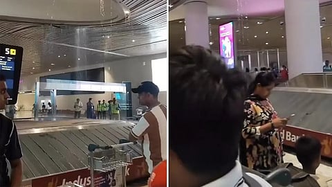 Video grabs from Navi Mumbai airport showing baggage belt and passengers standing below a water leak from the ceiling.