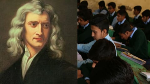 Left image is a painting of Sir Issac Newton looking towards his left. The right image is of students studying in classroom. 