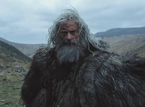 Image of Hugh Jackman in death of Robin Hood. the image has a blueish tint to it with Jackman wearing a heavy grey beard and winter clothes 