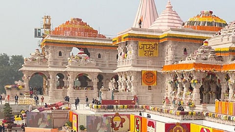 Shri Ram Janmabhoomi Mandir decorated with garlands as devotees line up outside the Temple