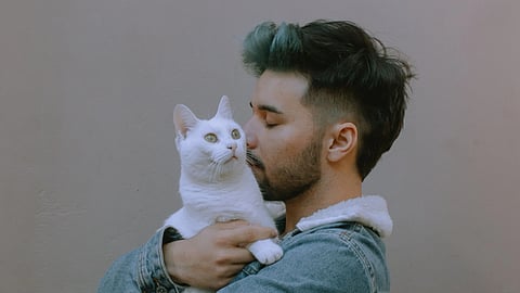 a white cat held by a man
