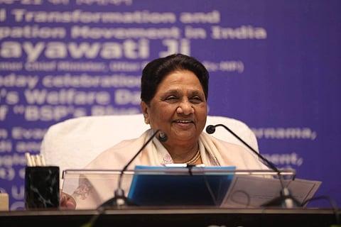 BSP chief Mayawati during a public event as a report alleges cash-for-ticket demands by party functionaries
