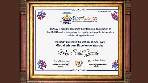 A framed certificate with a floral border, awarded by RENEW to Mr. Salil Gewali for intellectual contributions, dated June 21, 2026. The tone is formal and celebratory.