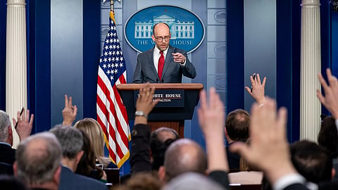 Reporters raise their hands to ask a question of Acting Director of the Office of Management and Budget Russell Vought during a press briefing Monday, March 11, 2019, in the James S. Brady Press Briefing Room of the White House. (Official White House Photo by Tia Dufour)