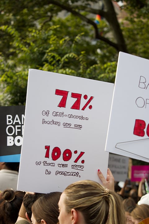 Crowd holding banners against anti abortion.