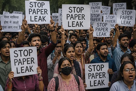 In the image students are shown with banners of stop paper leak 