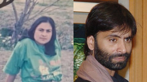 On the image Kashmiri Pandit and Nurse Sarla Bhat image is on the left side and the JKLF chief Yasin Malik's image is on the right