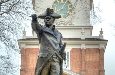 Image of a statue of commodore john barry situated in  Independence Hall, Philadelphia.