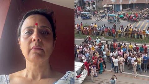 In the image on one side Mahua Moitra is shown while on the other side a huge crowd is shown gathered with many police officers also standing