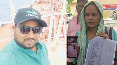Indian Sailor Rakesh Chauhan on left and his wife Ranjana Chauhan holding Autopsy report in other hand.