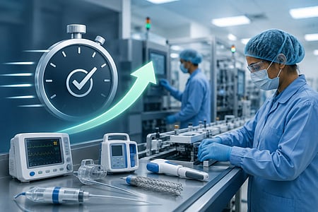 AI generated image of medical professional working in a well lit room. they are wearing blue uniform and a hair net. 