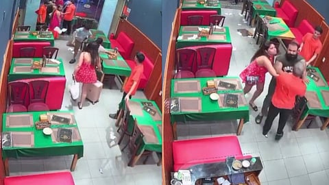 In the image on the left side a family is shown with a child throwing tissue papers and on the left side the same family is pushing the restaurant staff in Vietnam