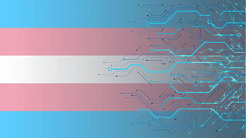 Transgender flag with pink, white, and blue stripes on the left. On the right, blue digital circuit patterns suggest technological integration.