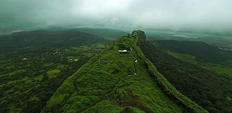 In the image an aerial view of Lohagad Fort is shown