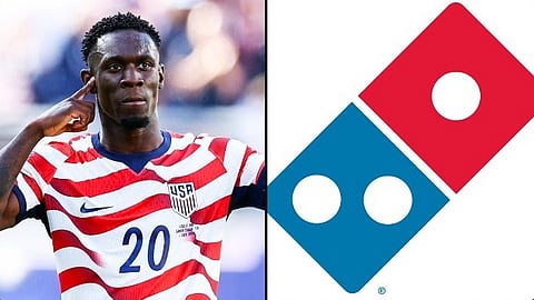 US Striker Folarin Balogun on the left and Domino's logo on the right