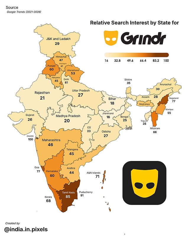 Map showing popularity of Grindr app across Indian states