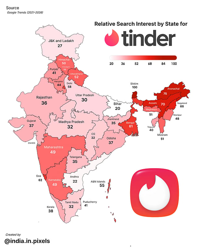Map showing popularity of Tinder app across Indian states