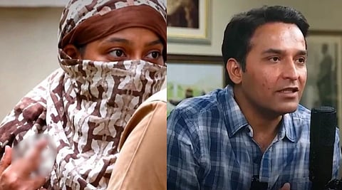 Left image of Siya Goyal with her face covered with a scarf except for her eyes. In the image siya goyal is doing an obscene gesture which is blurred. Right image is of Youtuber Amit Kilhor speaking in front of a mic. 