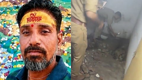 Police recovering the body of a man buried beneath a bathroom floor in Agra after his wife's alleged confession