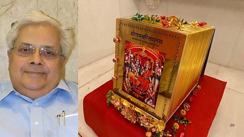 Ex-IAS officer S Lakshminarayan on left and gold plated Ramcharitmanas placed in Ram Mandir on right
