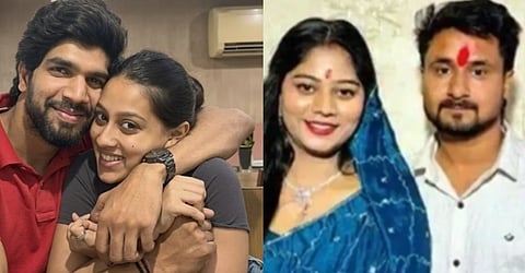 Left image is of Siya Goyal and chetan Chaudhary hugging each other tightly. right image is of Sonam and Raja Raghuvanshi with tilak on their forehead