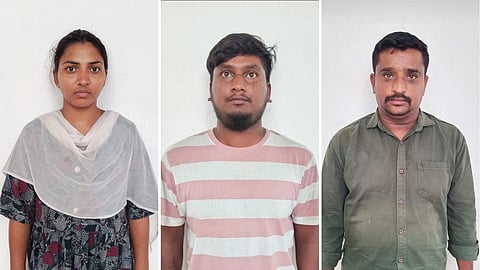 The three accused in the Telangana murder case, Sandhya, Anil, and Venkata Sai alias Bunty, who allegedly killed a man named Prashant through toilet cleaner filled with toilet cleaner after first murder rooftop murder attempt failed