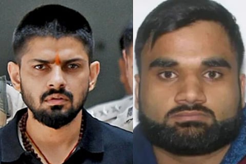 Left image is of Indian gangster Lawrence Bishnoi in a orange tilak and right image is of Goldy Brar on whom FBI has a reward for $50,000 in exchange for information on Brar.