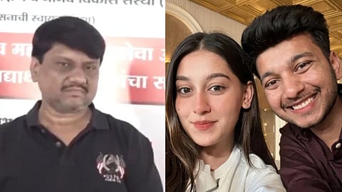 Left image is of Ketan Agarwal's father Vishal Agarwal speaking at a press conference. right image is of Siya Goyal and Ketan Agarwal