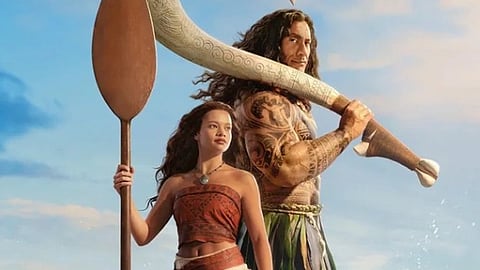 Image of Moana live action poster starring Dwyane Johnson as Maui and Catherine Laga'aia
 as Moana.