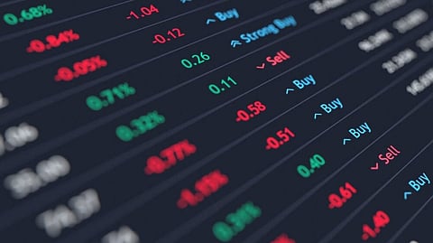 Digits in green and red showing profit and loss in the stock market